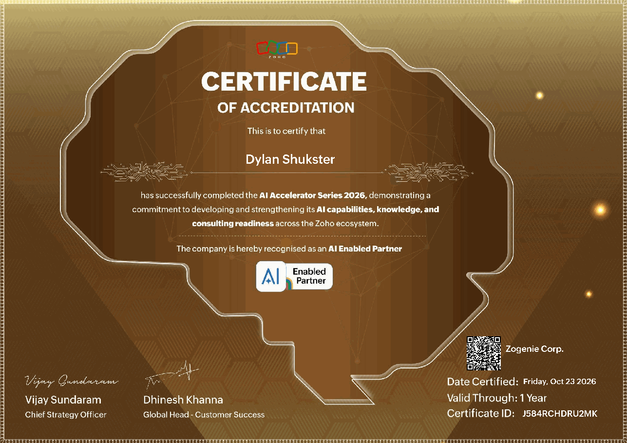 Zoho Certificate of Accreditation for Dylan Shukster and ZoGenie, AI Accelerator Series 2026